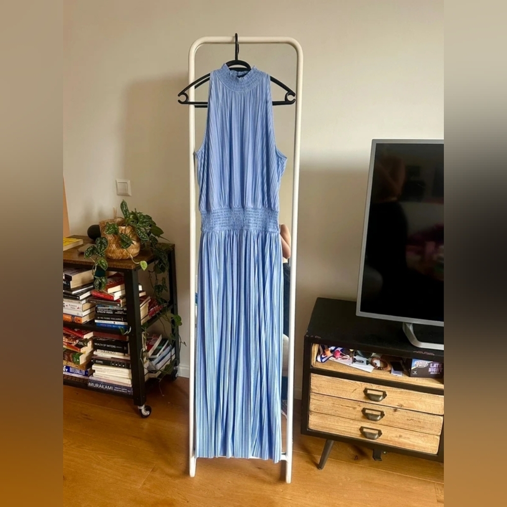 Light Blue Pleated Maxi Dress - Sleeveless Smocked Waist